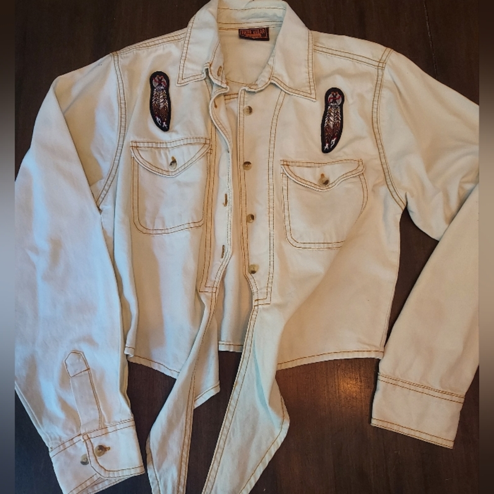 Bikerwear Cropped Denim Jacket Tie Front With Feather Patch